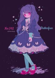 Rule 34 | 1girl, aqua pantyhose, black background, black dress, black hair, bow, bug, butterfly, butterfree, character name, creatures (company), dress, eyes visible through hair, full body, game freak, gen 1 pokemon, glasses, high heels, highres, insect, juliet sleeves, lolita fashion, long hair, long sleeves, looking at viewer, narumame, nintendo, pantyhose, personification, pink eyes, pokedex number, pokemon, puffy sleeves, red footwear, smile, solo, standing, twitter username