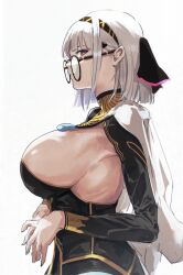 Rule 34 | 1girl, alchemy stars, armpits, black dress, black hairband, breasts, cape, center opening, dress, from side, hairband, highres, huge breasts, looking at viewer, own hands together, pink eyes, renshu 3594, round eyewear, shira (alchemy stars), short hair, sideboob, simple background, solo, upper body, white background, white cape, white hair