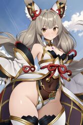 Rule 34 | 1girl, animal ear fluff, animal ears, bare shoulders, bell, blush, breasts, brown hair, chest jewel, cleavage, cloud, commentary request, commission, detached sleeves, facial mark, grey hair, highleg, highleg leotard, highres, knot, leotard, long hair, looking at viewer, low twintails, nagare (flow), navel, nia (blade) (xenoblade), nia (xenoblade), skeb commission, sky, small breasts, solo, thighs, twintails, very long hair, white sleeves, xenoblade chronicles (series), xenoblade chronicles 2