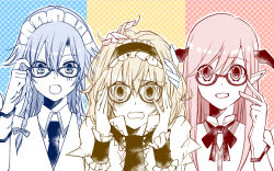 Rule 34 | 3girls, :d, :o, adapted costume, adjusting eyewear, alice margatroid, bad id, bad pixiv id, bat wings, bespectacled, blue theme, blush, bow, braid, capelet, embarrassed, eyes visible through hair, fang, frills, glasses, gloves, hair between eyes, hair bow, hair ribbon, hairband, halftone, halftone background, hand on another&#039;s head, hands on own cheeks, hands on own face, head wings, izayoi sakuya, koakuma, long hair, looking at viewer, looking over eyewear, maid, maid headdress, medium hair, monochrome, multiple girls, necktie, open mouth, playing with another&#039;s hair, pointy ears, red theme, ribbon, semi-rimless eyewear, shibi (asagi nezumi), short hair, sidelocks, smile, spot color, touhou, tress ribbon, twin braids, under-rim eyewear, v, vest, wavy mouth, wings, wrist cuffs, yellow theme