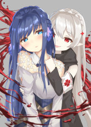 Rule 34 | 2girls, arknights, astesia (arknights), blood, blue eyes, blue hair, blush, collar, commentary request, english text, fangs, highres, long hair, long sleeves, multiple girls, open mouth, pale skin, parted lips, pointy ears, red eyes, star (symbol), tearing up, upper body, warfarin (arknights), white hair, yuetsu, yuri