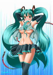 Rule 34 | 1girl, aqua eyes, aqua hair, armpits, arms up, blush, bow, breasts, cable, clothes lift, detached sleeves, hair ribbon, hatsune miku, headset, long hair, medium breasts, midriff, mouth hold, navel, necktie, number10 (hagakure), open clothes, open shirt, ribbon, shirt, shirt lift, signature, skirt, skirt lift, solo, thigh gap, thighhighs, twintails, underboob, very long hair, vocaloid, wind, wind lift
