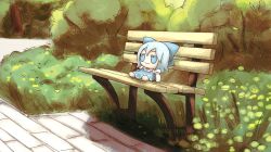 Rule 34 | 1girl, artist name, bench, blue bow, blue dress, blue eyes, blue hair, bow, chibi, cirno, day, dress, flower, fumo (doll), hair bow, on bench, outdoors, park, park bench, short hair, sitting, skullchimes, smile, solo, touhou, tree, watermark, wide shot