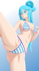 Rule 34 | 1girl, :3, aqua (konosuba), bikini, blue eyes, blue hair, breasts, highres, kai-too, kono subarashii sekai ni shukufuku wo!, long hair, medium breasts, standing, standing on one leg, swimsuit