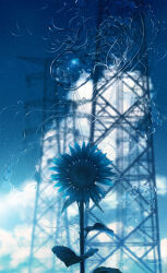 Rule 34 | blue flower, blue sky, blue theme, blurry, blurry background, cloud, cloudy sky, cola (gotouryouta), depth of field, floating, flower, highres, jellyfish, ladder, no humans, original, power lines, scenery, sky, sunflower, surreal, transmission tower, water, water drop