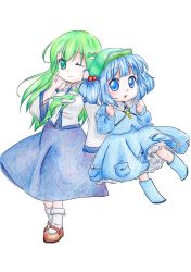 Rule 34 | 2girls, :o, blue eyes, blue hair, boots, clenched hand, clenched hands, colored pencil (medium), detached sleeves, female focus, frog hair ornament, green eyes, green hair, hair bobbles, hair ornament, hair tubes, hane (wing-rabbit), hat, kawashiro nitori, key, kochiya sanae, long hair, looking at viewer, mary janes, multiple girls, one eye closed, petticoat, rubber boots, shoes, short hair, simple background, skirt, skirt set, smile, snake, touhou, traditional media, twintails, two side up, white background, wink, yakimochi
