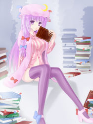 Rule 34 | 1girl, bad id, bad pixiv id, book, bookmark, bow, crescent, female focus, hair bow, hat, high heels, highres, hsuliherng, long hair, long sleeves, open mouth, patchouli knowledge, purple eyes, purple hair, ribbon, shoes, signature, sitting, solo, striped clothes, striped thighhighs, thighhighs, touhou, vertical-striped clothes, vertical-striped thighhighs
