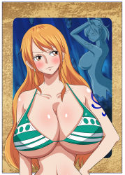 Rule 34 | 1girl, bikini, blush, breasts, brown eyes, cameltoe, cleavage, cup, day, drinking glass, green bikini, highres, huge breasts, jewelry, lips, long hair, looking at viewer, nami (one piece), navel, one piece, orange hair, qdoujin (pixiv44648813), shoulder tattoo, signature, solo, standing, swimsuit, tattoo, underboob