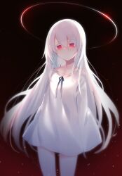 Rule 34 | 1girl, blurry edges, colored eyelashes, commentary, dark background, dress, expressionless, gradient background, hair between eyes, halo, long hair, looking at viewer, original, otokuyou, red eyes, scar, solo, white dress, white hair