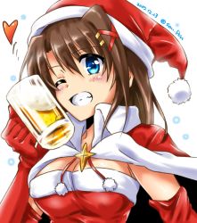 Rule 34 | 1girl, alcohol, beer, beer mug, blue eyes, breasts, brown hair, cape, cleavage, cup, dated, dress, elbow gloves, gloves, grin, hair ornament, hat, heart, highres, holding, long hair, looking at viewer, lyrical nanoha, medium breasts, mug, one eye closed, portrait, red cape, red dress, red gloves, red hat, san-pon, santa costume, santa hat, smile, solo, star (symbol), strapless, strapless dress, twitter username, vivid strike!, x hair ornament, yagami hayate