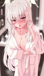 Rule 34 | 1girl, absurdres, bathrobe, blue archive, blush, breasts, cleavage, collarbone, commentary request, cowboy shot, grey hair, hair between eyes, halo, highres, japanese clothes, large breasts, long hair, looking at viewer, naked robe, open mouth, purple eyes, robe, sakurako (blue archive), solo, tarako (tarakopng), yellow halo