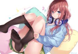 Rule 34 | 1girl, ass, bad id, bad pixiv id, blue eyes, blue sweater, blush, breasts, brown hair, brown pantyhose, closed mouth, clothes pull, collared shirt, commentary request, feet, go-toubun no hanayome, green skirt, headphones, headphones around neck, highres, knees up, long hair, long sleeves, looking at viewer, md5 mismatch, medium breasts, miniskirt, nakano miku, no shoes, panties, pantyhose, pantyhose pull, pillow, reclining, resolution mismatch, sakura honoka (srhk0623), shirt, sidelocks, skirt, sleeves past wrists, soles, solo, sweater, toes, underwear, white background, white panties, white shirt