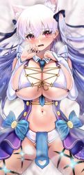 Rule 34 | 1girl, animal ears, bad id, bad twitter id, bed sheet, bikini, blush, breasts, cat ears, eyelashes, fate/grand order, fate (series), hair between eyes, heart, heart-shaped pupils, highres, huge breasts, kama (fate), looking at viewer, magical girl, nail polish, navel, necktie, nepodayo, open mouth, pink eyes, ribbon, solo, swimsuit, symbol-shaped pupils, white hair