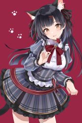Rule 34 | 1girl, animal ears, black hair, black ribbon, blunt bangs, blush, bow, bowtie, breasts, brown eyes, cat ears, cat tail, closed mouth, dot nose, dress, fake animal ears, fake tail, food, footprints, fork, frilled dress, frills, fruit, grey dress, hair ornament, hair ribbon, hairclip, holding, holding fork, idolmaster, idolmaster shiny colors, leaning forward, long hair, long sleeves, looking at viewer, mayuzumi fuyuko, medium breasts, puffy long sleeves, puffy sleeves, q-v (levia), red background, red bow, red bowtie, ribbon, simple background, smile, solo, strawberry, striped clothes, striped dress, tail