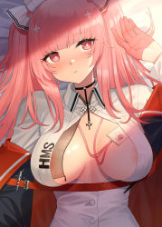 Rule 34 | 1girl, areola slip, azur lane, breasts, center opening, gloves, hair ornament, half gloves, hat, highres, id card, large breasts, long hair, looking at viewer, motono (sakamotono), nurse, nurse cap, perseus (azur lane), perseus (unfamiliar duties) (azur lane), pink eyes, pink gloves, pink hair, solo, twintails, very long hair, white hat
