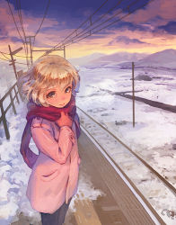 Rule 34 | 1girl, blonde hair, brown eyes, coat, gloves, looking at viewer, lowres, original, outdoors, railroad tracks, red scarf, scarf, sky, snow, solo, tactile paving, weno, weno&#039;s blonde original character, winter