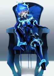 Rule 34 | 1boy, absurdres, armchair, blue fire, blue hair, blue theme, cable, chair, collar, covered mouth, fiery hair, fire, foot dangle, full body, gradient background, hand on own cheek, hand on own face, hand up, head rest, head tilt, headphones, high heels, highres, joints, knee up, long sleeves, looking at viewer, male focus, mask, mechanical parts, ortho shroud, outstretched arm, respirator, robot joints, short hair, sitting, solo, spiked hair, twisted wonderland, uneven eyes, wavy hair, yellow eyes, yucke19