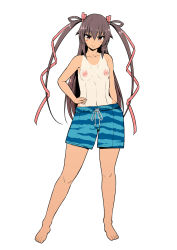 Rule 34 | 1girl, blue male swimwear, blue swim trunks, blush, blush stickers, breasts, brown eyes, brown hair, collarbone, contrapposto, crossdressing, dark skin, drawstring, female focus, full body, hair between eyes, hair ornament, hair ribbon, hand on own hip, highres, long hair, looking at viewer, lovelovemaid, male swimwear, male swimwear challenge, mizuki yukikaze, navel, nipples, one-piece tan, pink ribbon, print male swimwear, print swim trunks, print swimsuit, ribbon, simple background, small breasts, smile, solo, standing, swim trunks, swimsuit, taimanin (series), taimanin yukikaze, tan, tanline, tiger stripes, toes, topless, tsurime, twintails, very long hair, white background