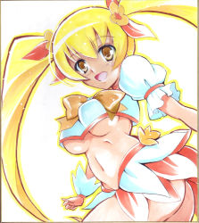 Rule 34 | 10s, 1girl, blonde hair, breasts, brown eyes, c.r., crop top, crop top overhang, cure sunshine, hair ribbon, heartcatch precure!, looking at viewer, magical girl, marker (medium), midriff, millipen (medium), myoudouin itsuki, navel, open mouth, orange skirt, precure, ribbon, shikishi, skirt, smile, solo, traditional media, twintails, underboob, white background