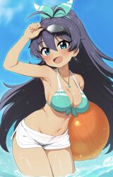 Rule 34 | 1girl, arm up, armpits, ball, beachball, bikini, bikini top only, blue eyes, blue hair, blush, bow, breasts, earrings, fang, front-tie bikini top, front-tie top, ganaha hibiki, goggles, goggles on head, green bikini, green bow, hair between eyes, hair bow, hair ribbon, highres, holding, hoop earrings, idolmaster, jewelry, large breasts, long hair, looking at viewer, necklace, open mouth, partially submerged, ponytail, ransusan, ribbon, short shorts, shorts, sky, solo, standing, swimsuit, tan, very long hair, wet, white shorts