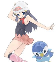 Rule 34 | 1girl, beanie, blue eyes, blue hair, boots, creatures (company), dawn (pokemon), ennui, game freak, gen 4 pokemon, hand on own head, hat, long hair, nintendo, outstretched arm, pink footwear, piplup, pokemon, pokemon (creature), red scarf, scarf, simple background, skirt, socks, white background