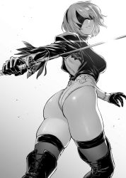 Rule 34 | 1girl, ass, back, back cutout, blindfold, breasts, clothing cutout, covered eyes, feather-trimmed sleeves, greyscale, hairband, highleg, highleg leotard, highres, juliet sleeves, katana, large breasts, leotard, long sleeves, monochrome, mugetsu2501, nier:automata, nier (series), puffy sleeves, short hair, solo, sword, thighhighs, thighs, weapon, 2b (nier:automata)