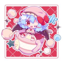 Rule 34 | 1girl, blue hair, blush stickers, bow, capelet, chibi, cup, dress, fang, hat, hat bow, in container, in cup, inukkomaru, one eye closed, open mouth, red eyes, remilia scarlet, short hair, solo, star (symbol), sugar cube, teacup, teapot, touhou, wrist cuffs