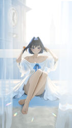 Rule 34 | 1girl, bare legs, barefoot, black hair, blue eyes, blue ribbon, blurry, blurry background, breasts, cleavage, clock, clock tower, closed mouth, dress, full body, hair intakes, highres, hololive, hololive english, indoors, looking at viewer, medium breasts, medium hair, off-shoulder dress, off shoulder, ouro kronii, ribbon, short sleeves, sitting, smile, solo, tower, virtual youtuber, white dress, yamaharu (xxzf7284)