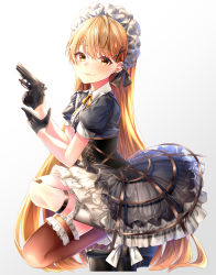 Rule 34 | 1girl, asymmetrical legwear, black footwear, black gloves, black shirt, black skirt, blonde hair, blush, brown eyes, brown thighhighs, center frills, closed mouth, commentary request, corset, frilled thighhighs, frills, girls&#039; frontline, gloves, gradient background, grey background, gun, hair between eyes, hair ornament, half gloves, handgun, head tilt, highres, holding, holding gun, holding weapon, long hair, looking at viewer, looking to the side, maid headdress, name connection, object namesake, platform footwear, pocket pistol, ppk (girls&#039; frontline), puffy short sleeves, puffy sleeves, rukinya (nyanko mogumogu), shirt, short sleeves, single thighhigh, skirt, smile, solo, squatting, thighhighs, uneven legwear, very long hair, walther, walther ppk, weapon, white background, x hair ornament