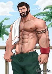 Rule 34 | 1boy, abs, absurdres, akunaakun (kunkun586586), arm hair, arm tattoo, artist name, bara, beard, black hair, chest hair, cloud, day, facial hair, graves (league of legends), green male swimwear, hairy, highres, large pectorals, league of legends, male focus, male pubic hair, male swimwear, male swimwear pull, mature male, muscular, muscular male, navel hair, official alternate costume, outdoors, pectorals, pool party graves, pubic hair, pulled by self, short hair, sky, solo, tattoo, topless male, towel, towel on one shoulder, wristband