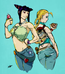 Rule 34 | 2girls, absurdres, ahoge, ass, back-to-back, bad id, bad pixiv id, belt, black hair, blonde hair, bracelet, braid, cameo, cammy white, casual, denim, dhalsim, drill hair, eganto, food, from behind, han juri, hand on own hip, highres, hot dog, ice cream, jeans, jewelry, long hair, m. bison, midriff, multiple girls, no headwear, pants, purple eyes, short twintails, simple background, street fighter, toned, twin braids, twin drills, twintails