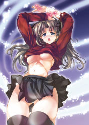 Rule 34 | 00s, 1girl, arms up, black thighhighs, blue eyes, blush, breasts, brown hair, clothes lift, fate/stay night, fate (series), kashi, long hair, magic, medium breasts, midriff, no bra, open mouth, panties, shirt lift, skirt, skirt lift, solo, thighhighs, tohsaka rin, underboob, underwear, white panties, wind, wind lift
