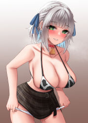Rule 34 | 1girl, absurdres, animal print, bell, bikini, bikini top only, blood, blush, braid, breasts, breath, cleavage, collarbone, cow print, french braid, green eyes, hair ribbon, heart, heart-shaped pupils, highres, hololive, large breasts, looking at viewer, neck bell, nosebleed, panties, panty pull, pointy ears, poisonousgas, ribbon, shirogane noel, shirogane noel (casual), short hair, silver hair, skirt, smile, solo, sweat, swimsuit, symbol-shaped pupils, underwear, virtual youtuber