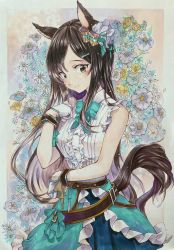 Rule 34 | 1girl, animal ears, belt, blush, bow, bowtie, breasts, buttons, center frills, closed mouth, colored pencil (medium), cowboy shot, ear bow, flower, frills, gloves, green skirt, hair ornament, hairclip, hands up, highres, horse ears, horse girl, horse tail, layered skirt, looking at viewer, mejiro dober (umamusume), shirt, skirt, sleeveless, sleeveless shirt, small breasts, smile, solo, split mouth, tail, traditional media, tsurosan oekaki, umamusume, white gloves, wristband, yellow eyes
