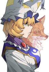 Rule 34 | 1girl, animal ear fluff, animal ears, blonde hair, breasts, closed mouth, dress, expressionless, fox, frills, from side, green eyes, hair between eyes, hat, highres, large breasts, long sleeves, mob cap, onionmay, profile, puffy sleeves, shirt, short hair, simple background, solo, tabard, tassel, touhou, upper body, whiskers, white background, white dress, white shirt, yakumo ran, yellow eyes