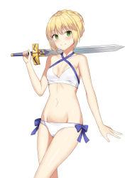 Rule 34 | 1girl, absurdres, arm at side, artoria pendragon (all), artoria pendragon (fate), artoria pendragon (swimsuit archer) (fate), artoria pendragon (swimsuit archer) (first ascension) (fate), bad id, bad pixiv id, bare arms, bare shoulders, bikini, blonde hair, blue bow, bow, braid, breasts, collarbone, cowboy shot, crossed legs, excalibur (fate/stay night), fate/grand order, fate (series), french braid, green eyes, groin, halterneck, hand up, highres, holding, holding sword, holding weapon, navel, saber (fate), short hair, simple background, small breasts, smile, solo, standing, stomach, swimsuit, sword, unscpro, weapon, white background, white bikini