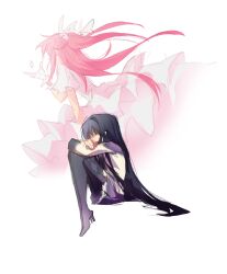 2girls akemi_homura akemi_homura_(magical_girl) argyle_clothes black_boots black_eyes black_hair black_hairband boots bow dress fading floating frilled_gloves frilled_skirt frills from_behind gloves gradient_boots hair_bow hair_ribbon hairband hand_up high_heel_boots high_heels highres kaname_madoka knees_up long_dress long_hair long_sleeves magical_girl mahou_shoujo_madoka_magica miniskirt multiple_girls object_floating_above_hand pink_hair profile purple_boots purple_skirt ribbon short_sleeves simple_background sitting sketch skirt soul_gem twintails ultimate_madoka very_long_hair white_background white_bow white_gloves white_ribbon yaeccia