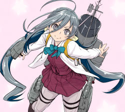 Rule 34 | &gt;:), 10s, 1girl, ahoge, blue bow, blush stickers, bow, eyes visible through hair, grey hair, grey pantyhose, hair between eyes, kantai collection, kiyoshimo (kancolle), leg up, long hair, looking at viewer, machinery, nujima, pantyhose, pink background, purple eyes, red skirt, school uniform, silver legwear, simple background, skirt, skirt set, smile, solo, star (symbol), thigh strap, twintails, v-shaped eyebrows, very long hair