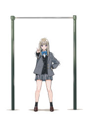 Rule 34 | 1girl, blazer, blue bow, blue bowtie, blue eyes, bow, bowtie, cardigan, doushimasho, full body, hand on own hip, highres, jacket, loafers, long hair, looking at viewer, original, pleated skirt, school uniform, shoes, skirt, solo, standing, sweatdrop, trembling, v, v-shaped eyebrows