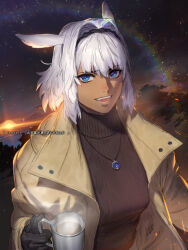 Rule 34 | 1girl, animal ears, artist name, azusa (hws), black gloves, black hairband, blue eyes, blush, breath, brown coat, brown sweater, caenis (fate), caenis (octo nautica) (fate), coat, coffee, commentary, cup, dark-skinned female, dark skin, ear down, fang, fate/grand order, fate (series), gloves, hair intakes, hairband, highres, holding, holding cup, horse ears, jewelry, long sleeves, looking at viewer, mug, necklace, nose blush, official alternate costume, open clothes, open coat, open mouth, outdoors, pendant, rainbow, ribbed sweater, short hair, signature, sky, smile, solo, sparkle, star (sky), starry sky, steam, sunset, sweater, teeth, tree, turtleneck, turtleneck sweater, unaligned ears, white hair