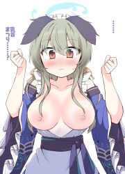 Rule 34 | 1girl, absurdres, animal ears, apron, bare shoulders, blue archive, blue halo, blue kimono, blush, breasts, breasts out, brown eyes, closed mouth, collarbone, commentary, dog ears, dot nose, flustered, green hair, hair between eyes, hair ribbon, halo, hands up, highres, japanese clothes, kimono, kimono pull, large breasts, long hair, looking at viewer, maid, maid headdress, nipples, nose blush, off shoulder, open clothes, open kimono, paid reward available, ribbon, sash, simple background, solo, standing, straight-on, sweatdrop, translated, umika (blue archive), upper body, variant set, wa maid, white apron, white background, wide sleeves, yuuhi alpha