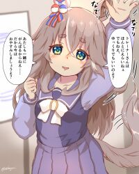 Rule 34 | animal ears, arms at sides, blurry, blurry background, blush, breasts, collarbone, commentary request, grey hair, hair between eyes, hair ornament, headpat, highres, horse ears, horse girl, horse tail, monitor, ooba jun, open mouth, pov, school uniform, small breasts, tail, thick eyebrows, tracen school uniform, translation request, umamusume, wonder acute (umamusume)