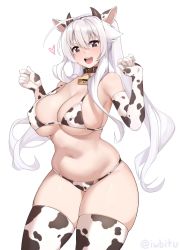 Rule 34 | 1girl, :d, ahoge, animal ears, animal print, bare shoulders, bell, bikini, breasts, brown eyes, collar, commentary, covered erect nipples, cow ears, cow girl, cow horns, cow print, cow print bikini, cowbell, cowboy shot, elbow gloves, fake animal ears, fake horns, gloves, hair between eyes, hairband, hands up, heart, highres, horns, iwbitu, large breasts, long hair, looking at viewer, navel, neck bell, nyopu, open mouth, original, print bikini, print gloves, print thighhighs, simple background, skindentation, smile, solo, star (symbol), star in eye, stomach, swimsuit, symbol-only commentary, symbol in eye, teeth, thick eyebrows, thick thighs, thighhighs, thighs, twintails, twitter username, upper teeth only, white background, white hair, wide hips