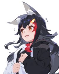 Rule 34 | 1girl, animal ear fluff, animal ears, black hair, blush, breasts, brown eyes, choker, flipped hair, hair ornament, holding, hololive, izumi sai, jacket, long hair, medium breasts, multicolored hair, ookami mio, ookami mio (casual), open mouth, red hair, scared, solo, streaked hair, tearing up, trembling, virtual youtuber, wolf ears, wolf girl