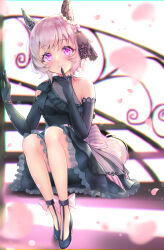 Rule 34 | 1girl, absurdres, animal ears, black dress, black footwear, black gloves, blush, bow, breasts, commentary request, curren chan (sakutsuki ma cherie) (umamusume), curren chan (umamusume), dress, ear covers, ear ornament, elbow gloves, falling petals, finger to mouth, full body, gloves, grey hair, high heels, highres, horse ears, horse girl, horse tail, medium breasts, official alternate costume, petals, peteron, pink bow, purple eyes, short hair, simple background, single bare shoulder, smile, solo, tail, teeth, umamusume, white hair