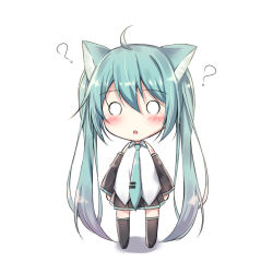 Rule 34 | 1girl, :o, ?, ahoge, akira (been0328), animal ears, aqua hair, aqua necktie, bare shoulders, black skirt, black sleeves, black thighhighs, blush, cat ears, chibi, commentary, detached sleeves, full body, hatsune miku, long hair, looking at viewer, necktie, open mouth, shirt, shoulder tattoo, skirt, sleeveless, sleeveless shirt, solid circle eyes, solo, standing, tattoo, thighhighs, twintails, very long hair, vocaloid, white background, white shirt, zettai ryouiki