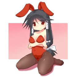 Rule 34 | 1girl, animal ears, arms under breasts, bandages, bare arms, bare shoulders, black hair, black pantyhose, blush, bow, breasts, cleavage, closed mouth, collarbone, commentary request, covered erect nipples, covered navel, crossed arms, fake animal ears, hair bow, hair ornament, hair ribbon, hair tubes, legs, leotard, long hair, looking at viewer, low-tied long hair, machi (nagasarete airantou), medium breasts, nagasarete airantou, pantyhose, playboy bunny, rabbit ears, red eyes, red leotard, ribbon, shadow, sidelocks, sitting, skindentation, smile, solo, strapless, strapless leotard, thighs, two-tone background, very long hair, white bow, white ribbon, you naka