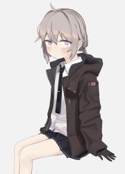 Rule 34 | 1girl, ahoge, american flag, black necktie, blush, closed mouth, commentary request, expressionless, feet out of frame, girls&#039; frontline, gloves, grey background, grey hair, hair between eyes, highres, jacket, long hair, long sleeves, looking at viewer, m200 (girls&#039; frontline), necktie, open clothes, open jacket, pleated skirt, ponytail, purple eyes, saiy0u, shirt, simple background, sitting, skirt, solo, white shirt