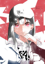 Rule 34 | 1girl, absurdres, akagikou, baseball cap, black hair, black hat, blue jacket, brown jacket, closed mouth, commentary request, drawstring, hand up, hat, highres, hood, hood down, hoodie, jacket, long hair, long sleeves, looking at viewer, open clothes, open jacket, original, signature, smile, solo, upper body, white hoodie
