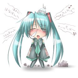 Rule 34 | 1girl, aqua hair, bibi02, blush, chibi, detached sleeves, closed eyes, hatsune miku, ice pack, long hair, lyrics, necktie, nose bubble, sick, snot, solo, thighhighs, tissue, translation request, twintails, vocaloid